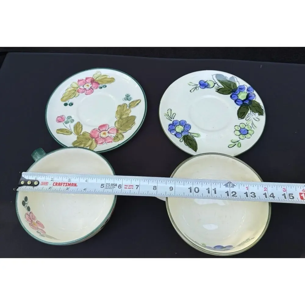 2 ITALIAN HAND-PAINTED FAIENCE SOUP BOWLS & SAUCERS EUC -A87
